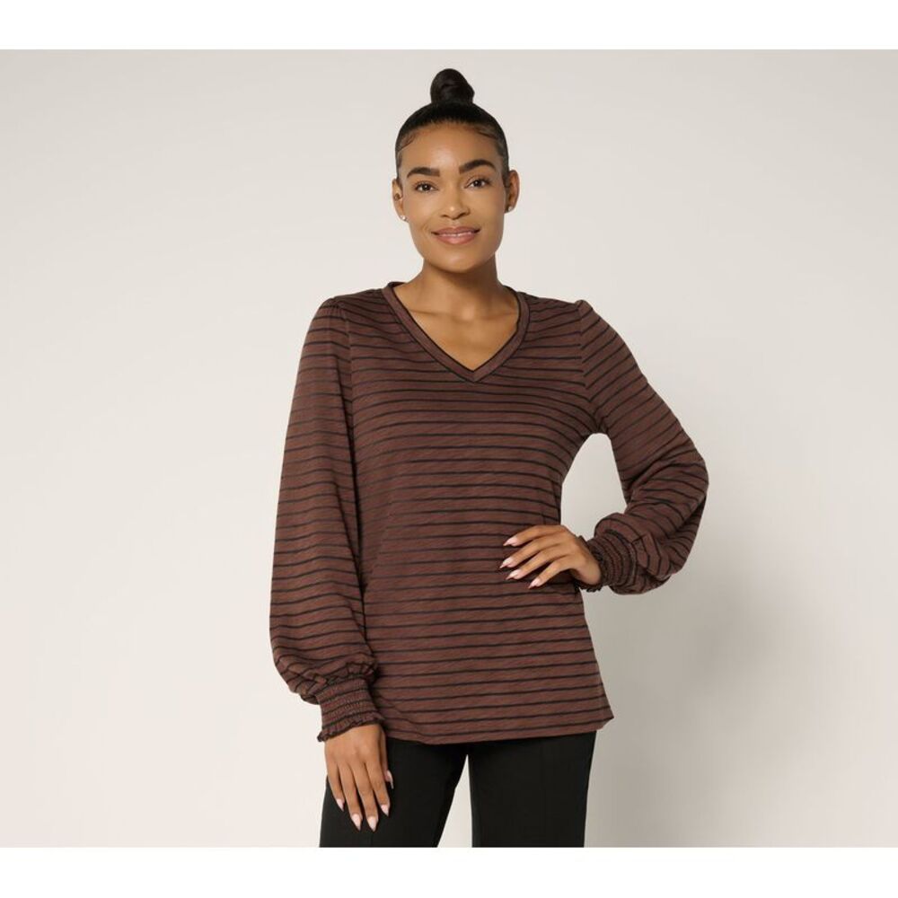 Belle by Kim Gravel Women's Top Sz L Slub Knit Pinstripe V Neck Brown